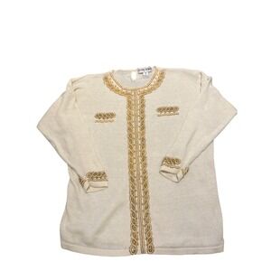 VTG Victoria Woman Beaded Knit Pull Over Sweater‎ Cream Gold Ramie Cotton 2X
